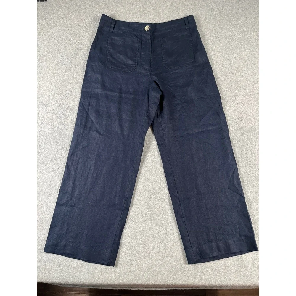NWT! Quince Womens Navy 100% European Linen Patch Pocket Wide Leg Pants Size 12